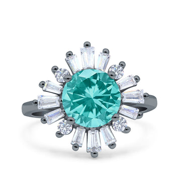Art Deco Wedding Bridal Ring Baguette Round Black Tone, Simulated Paraiba Tourmaline CZ 925 Sterling Silver